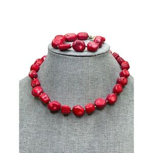 Donna Dressier Chunky Red Coral Sterling Silver 925 Necklace & Bracelet Beach